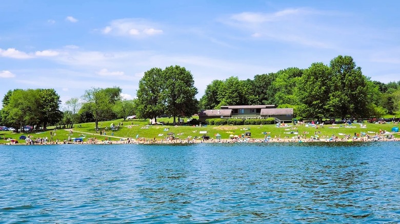 Views of the busy sandy, lakeside beach at Moraine State Park in Pennsylvania, surrounded by greenery.