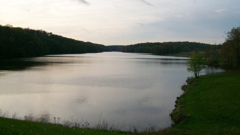 Belmont Lake as seen from the shoreline on a hike around Barkcamp State Park.