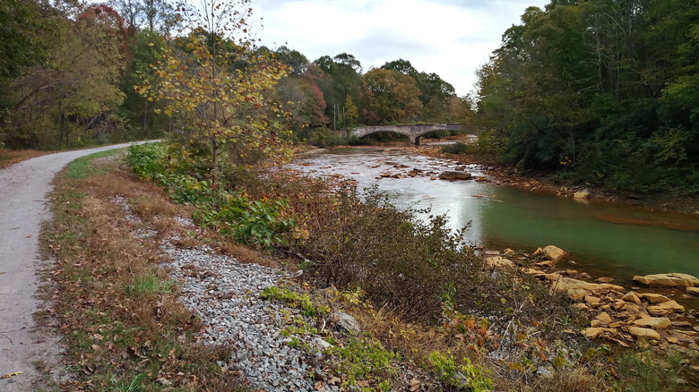 Ghost Town Trail curving in from the left, with a bridge across a shallow creek to its right, both surrounded by autumn trees under a cloudy sky