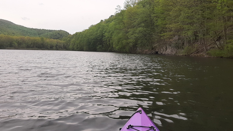 The nose of a purple kayak glides across the water on Letterkenny Reservoir in Franklin County, Pennsylvania
