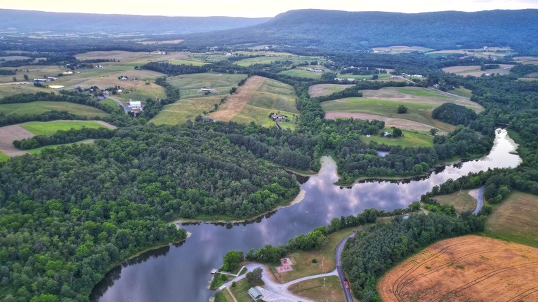 Aerial view of Opossum Lake near Carlisle, Pennsylvania.