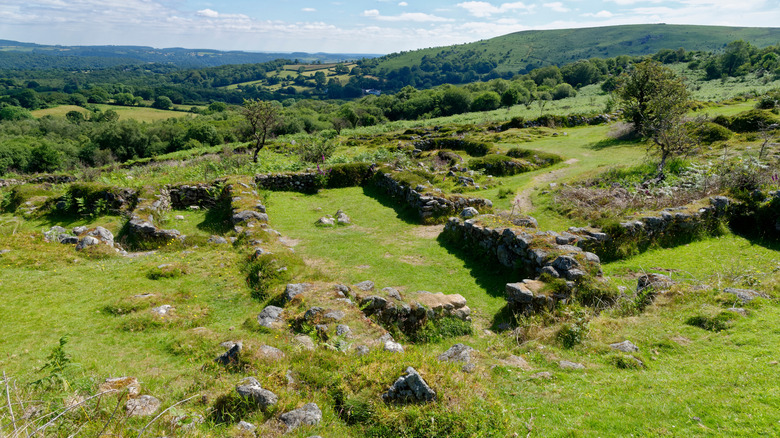 Ancient, decaying stone walls about a foot tall with grass and ferns growing over and around them