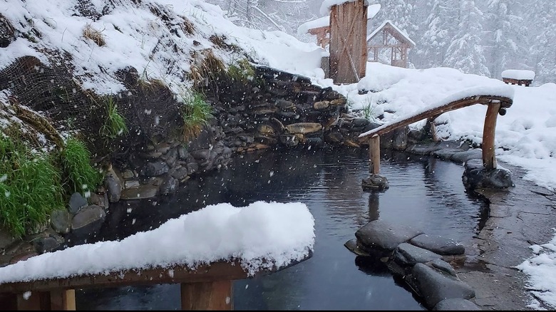 Hot springs pool in snowy forest at Breitenbush Hot Springs in Oregon