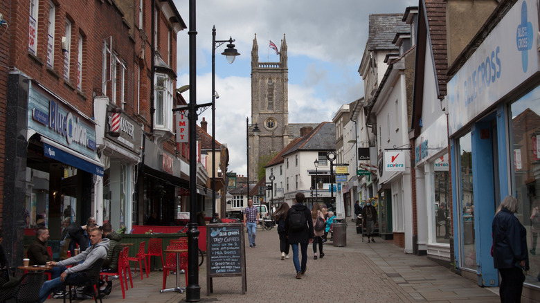 Shops along the High Street in Andover, U.K.