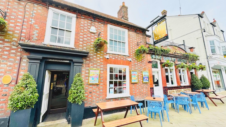 The Crown pub with patio seating on West Street, Fareham, England