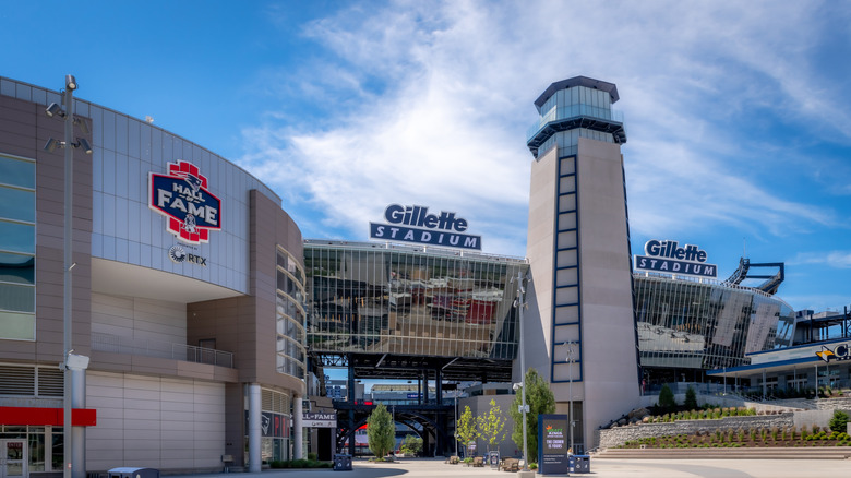 Exterior of Gillette Stadium on sunny day