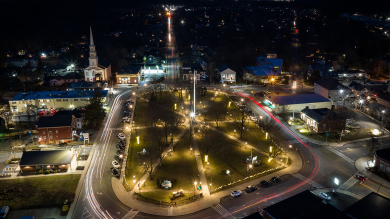 Aerial view of downtown Foxborough at night