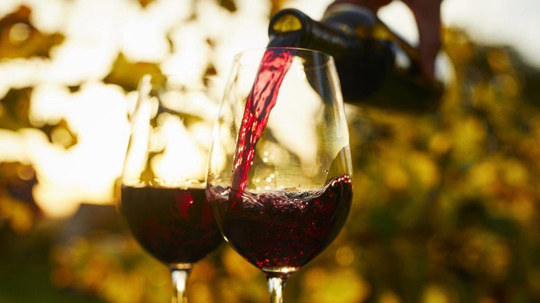 A hand pouring two glasses of red wine