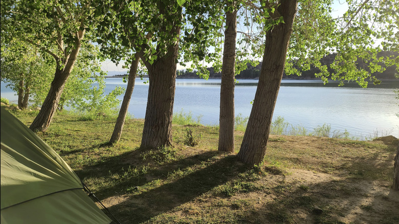 a camp set up near Palisade Reservoir at Palisade State Park, Utah