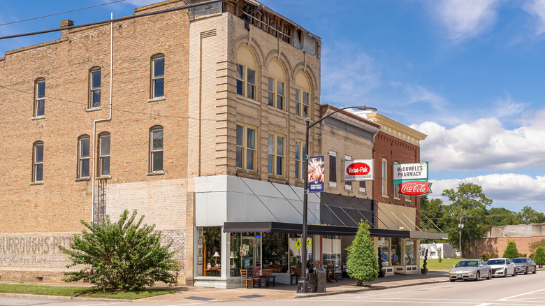 A cluster of downtown brick buildings in Scotland Neck with small businesses on the ground floor