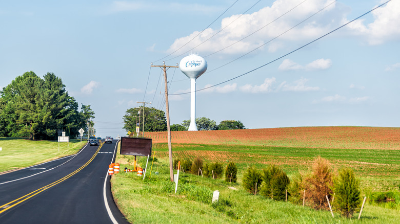 Road between fields under a blue sky, with the Culpeper water tower in the distance