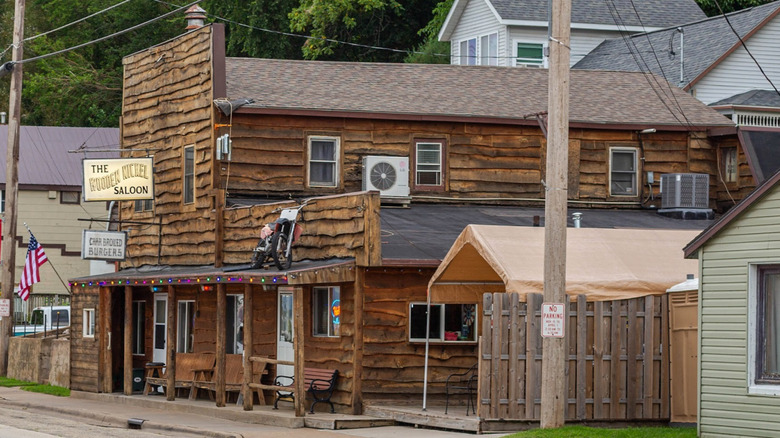 The log facade of the Wooden Nickel Saloon in Ferryville, Wisconsin