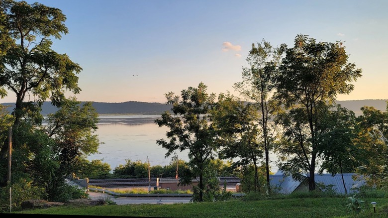 View of Lake Winneshiek with hills in the distance in Ferryville, Wisconsin