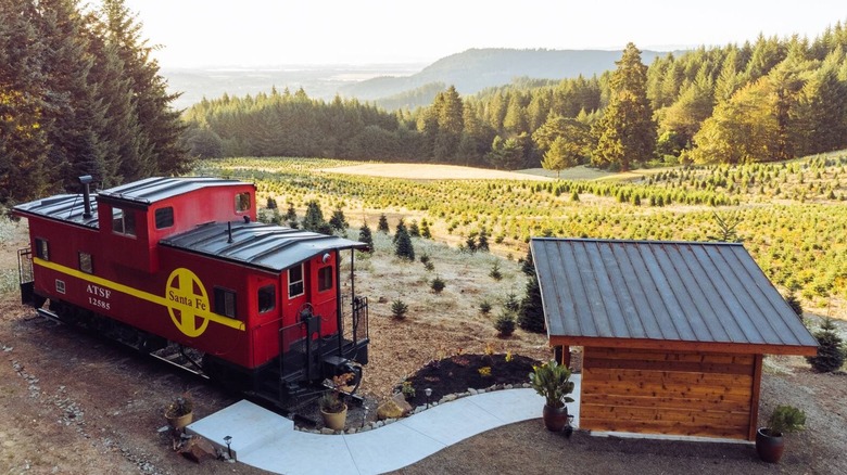 View of the Cozy Caboose in Philomath, Oregon