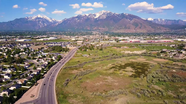 Aerial view of Riverton with mountains in the distance