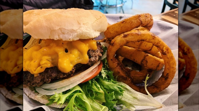 Cheeseburger and onion rings from Lucky's Iron Door Roadhouse in West Jordan, Utah