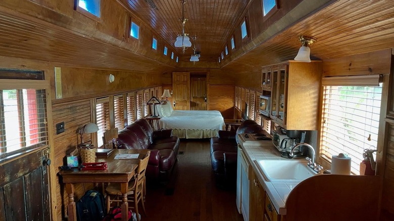 Interior of caboose at The Antlers Inn in Kingsland, Texas