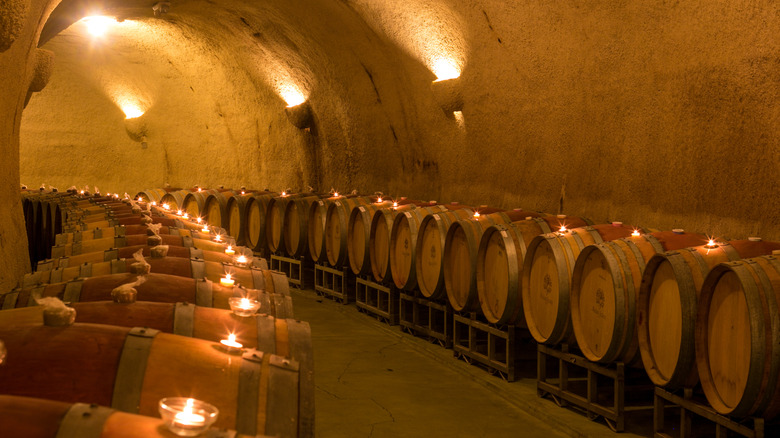 Two rows of wine casks in a hallway