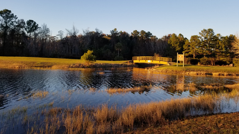 Lake Cindee with a bridge crossing it at Blythe Island Regional Park.