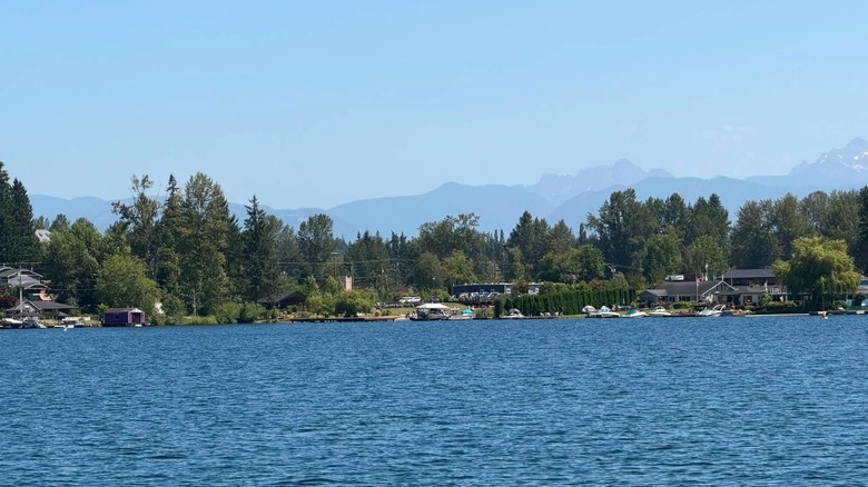 Houses and buildings along Washington's Lake Stevens with trees and the Cascade Mountains
