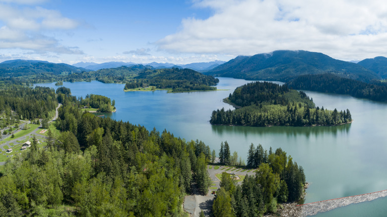 Alder Dam rising up to meet Alder Lake's flat water surrounded by trees and mountains.