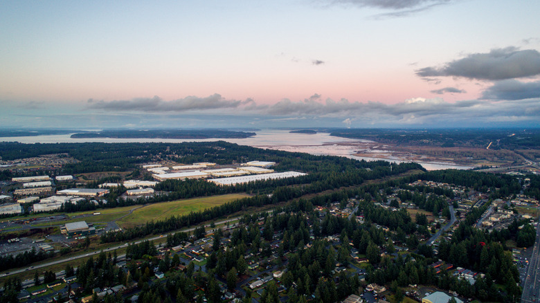 An aerial view of Lacey with its homes, streets, green spaces, and nearby lakes during sunset.