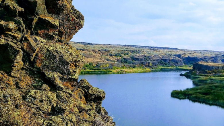 Lichen-spotted cliff face overlooking Coffeepot Lake in Washington