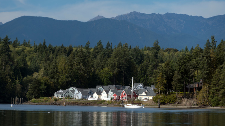 Mountains and forest behind waterfront homes in Port Ludlow