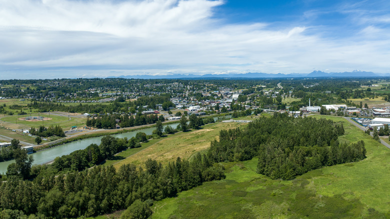 Grassy hill and buildings at Ferndale, Washington