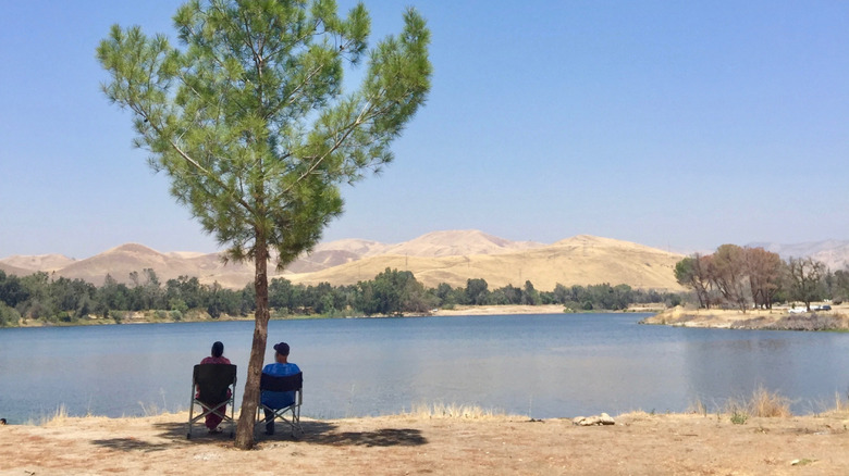 A couple enjoying the view across Avocado Lake in California, sitting under a tree