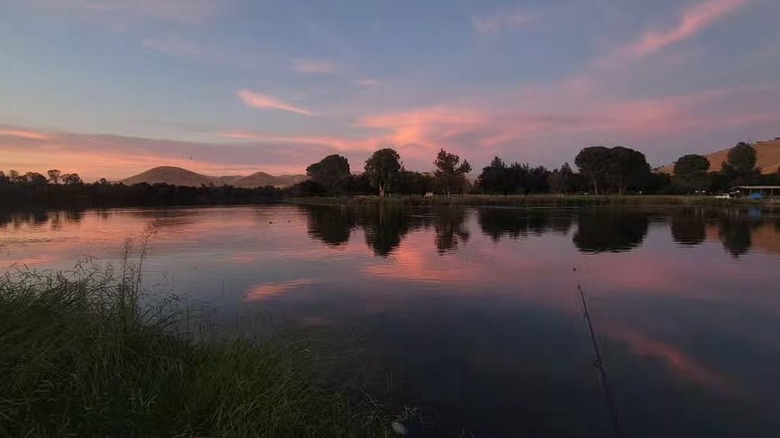 View across Avocado Lake in California during sunset