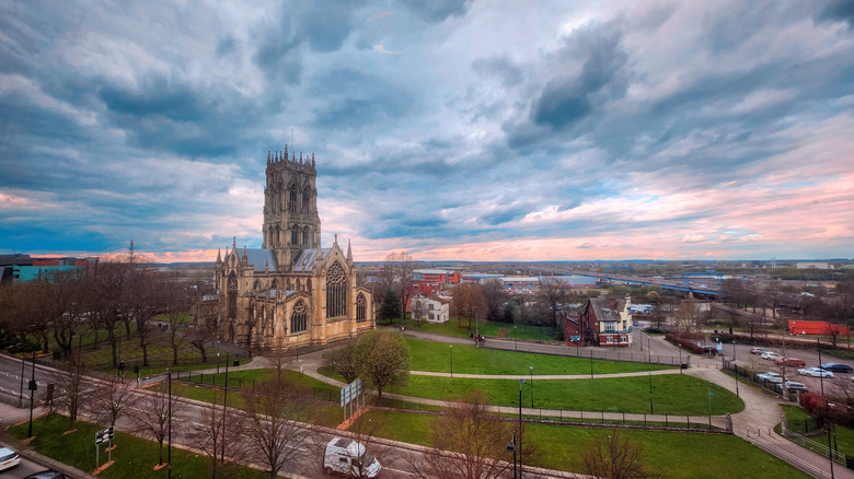 Neo-gothic church at sunset in Yorkshire city Doncaster