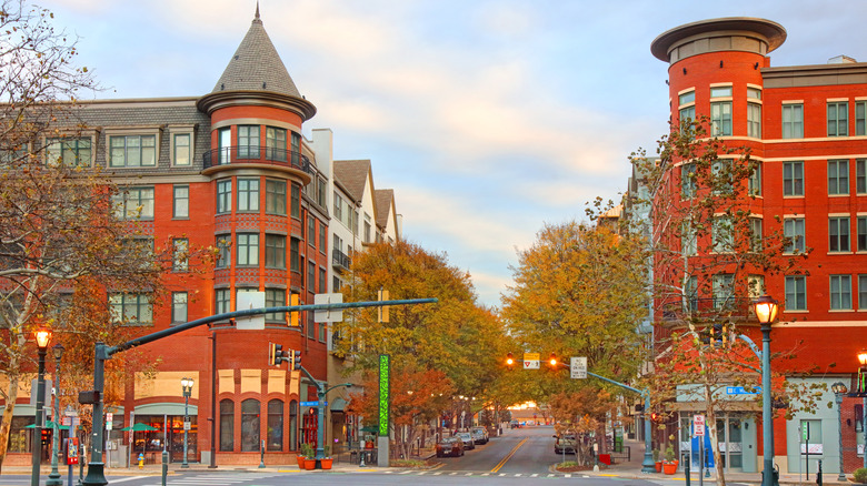 Red buildings in Rockville's town center
