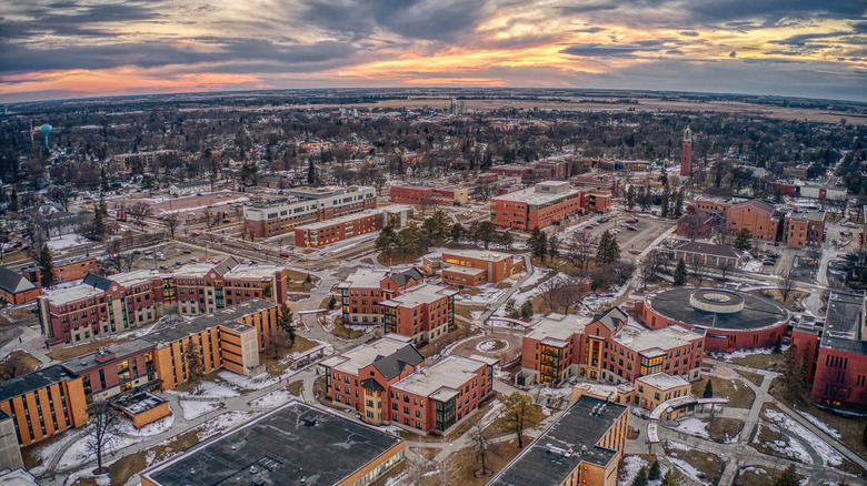 Aerial view of buildings in Brookings, South Dakota at sunset