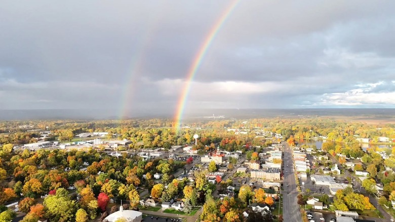 A rainbow cast over downtown Paw Paw, Michigan