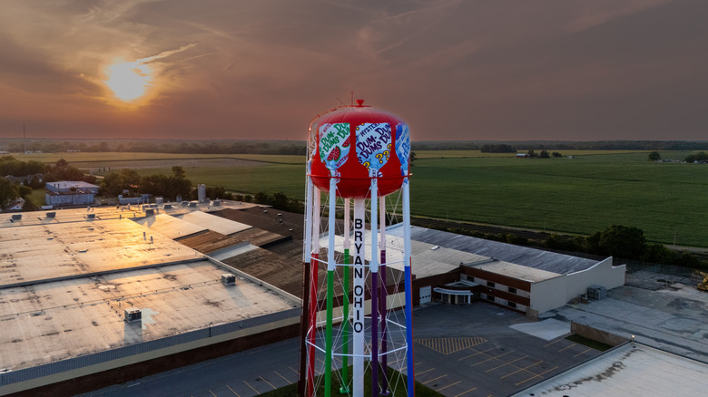 Red water tower painted with Dum Dum wrappers, surrounded by flat-roofed industrial buildings with a green field in the background at sunset