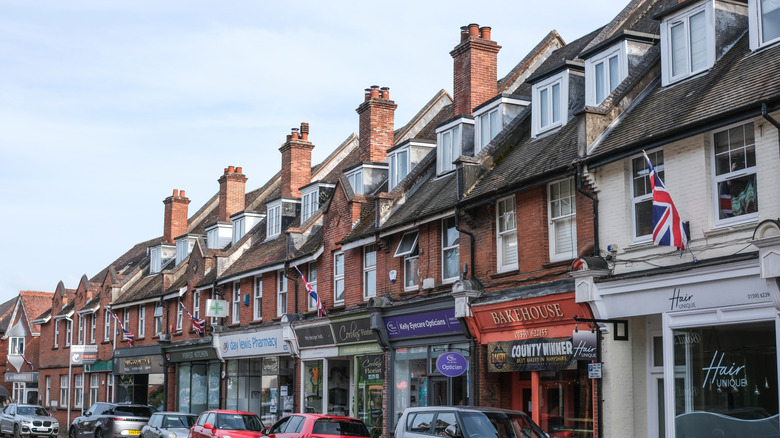 View of the facades lining Brookley Road in Brockenhurst