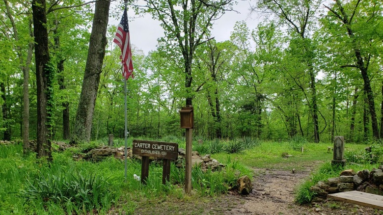 An old cemetery in the middle of the green woods beneath an American flag.