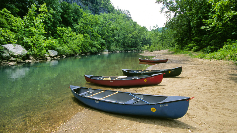 Canoes along the shore of the Buffalo National River, surrounded by forest
