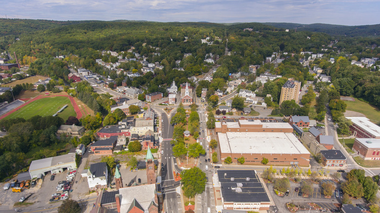 Aerial view of Fitchburg historic buildings, tree-lined roads and surrounding hillside in summer.