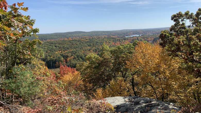 A view over the fall foliage from a rocky ledge in Brimfield State Forest in Brimfield, Massachusetts