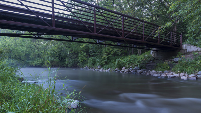 A bridge spans over a slow-moving river, surrounded by greenery at Buffalo River State Park in Minnesota