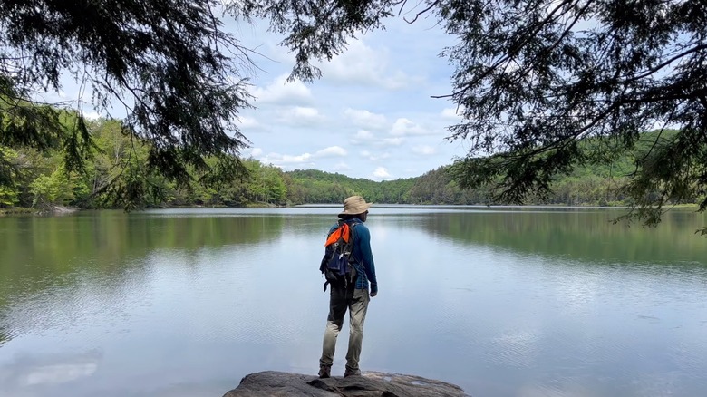 A man standing on a rock watching over Nine Corner Lake in Ferris Lake Wild Forest, Adirondacks, New York State