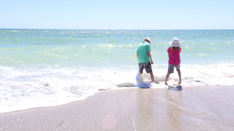 Children walking in the surf at Siesta Key, Florida