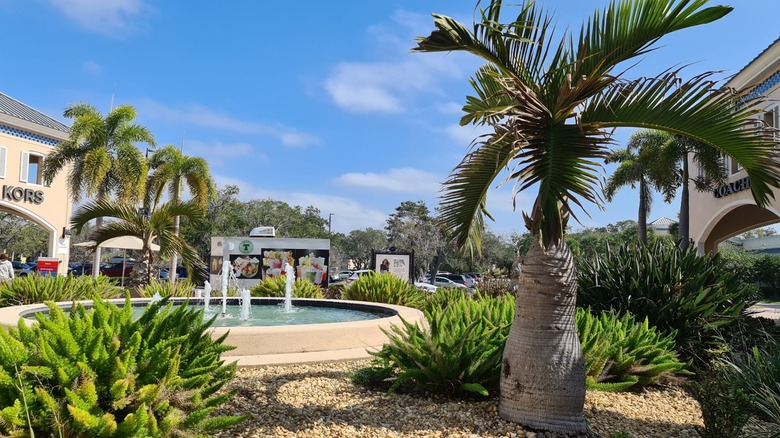 A waterfall, palm trees, and tropical landscaping at Ellenton Premium Outlets