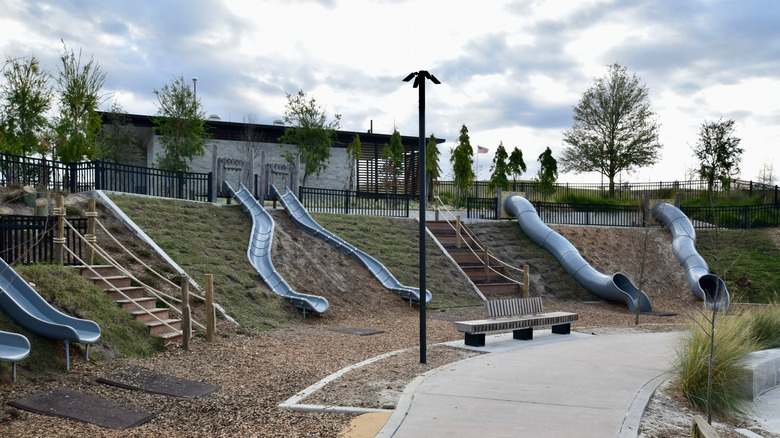 Slides at an empty playground in Bonnet Springs Park