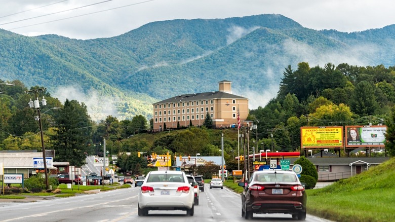 Sylva North Carolina road in front of mountains