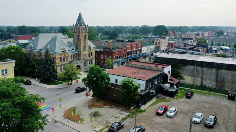 An aerial view of downtown St. Thomas