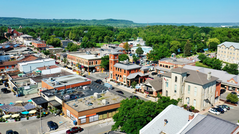 An aerial view of Downtown Milton with its 19th-century buildings and surrounding open green spaces.