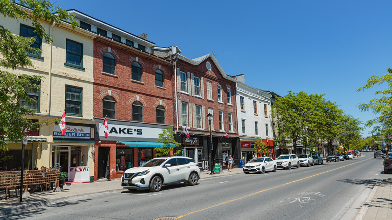 View of the historic facades on King Street in Cobourg